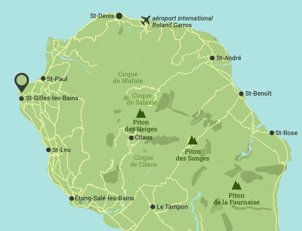 Map of Reunion Island locating Senteur Vanille in Saint-Gilles-les-Bains