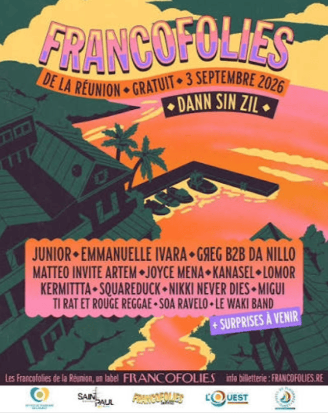 Affiche de la soirée gratuite Dann Sin Zil des Francofolies de La Réunion, le 3 septembre 2026