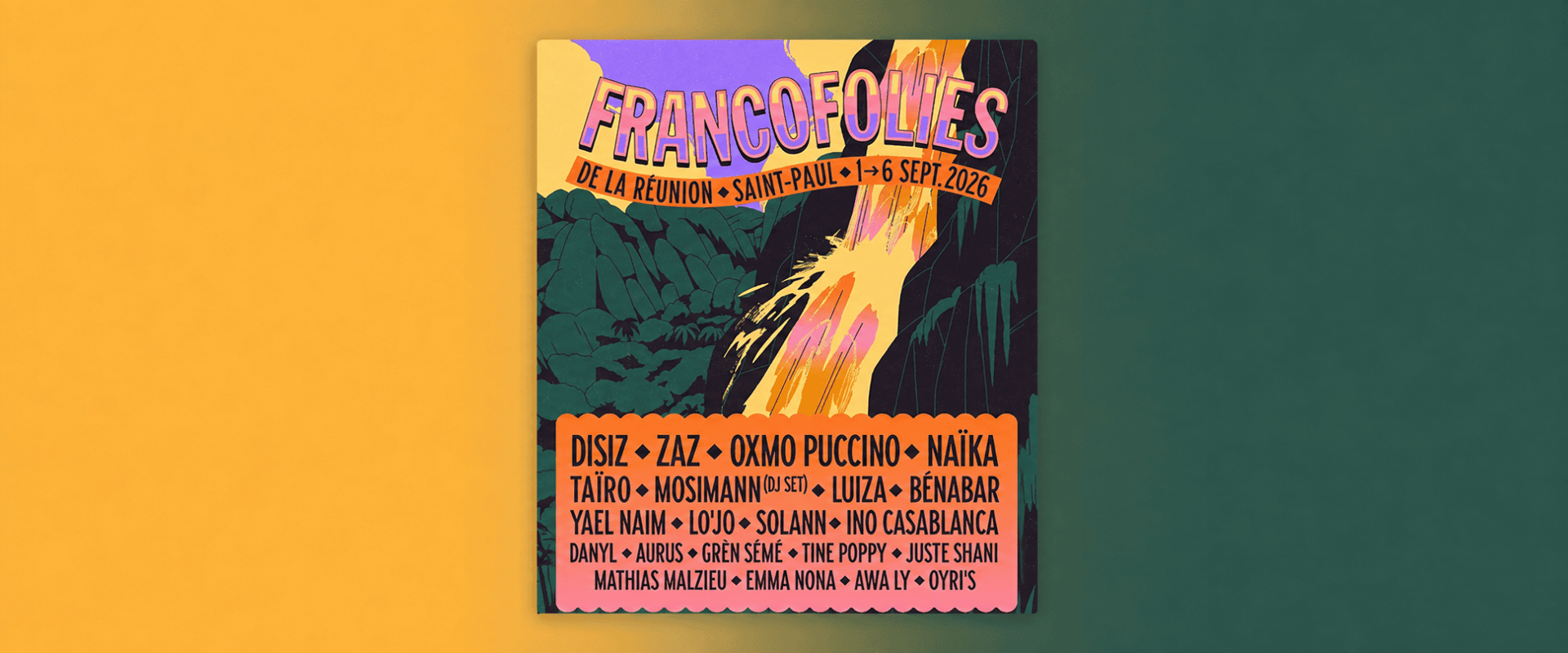 Affiche des Francofolies de La Réunion 2026, du 1er au 6 septembre à Saint-Paul